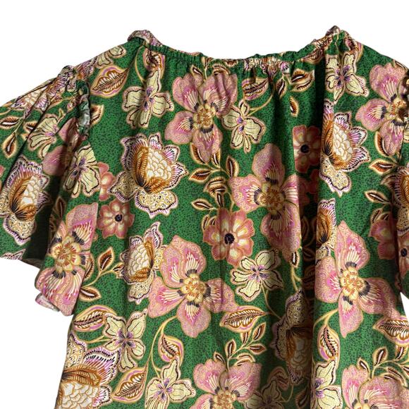 MISA Suparna Green Floral Print Cap Sleeve Tie Neck Peasant Blouse Size Large - Picture 9 of 14